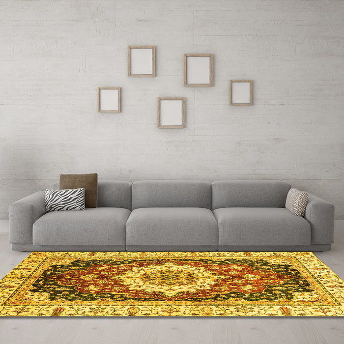 Machine Washable Abstract Yellow Modern Rug in a Living Room, wshabs3356yw