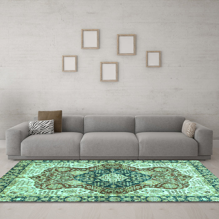 Machine Washable Abstract Turquoise Modern Area Rugs in a Living Room,, wshabs3357turq