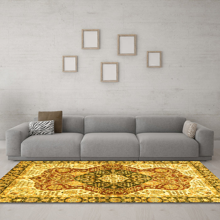 Machine Washable Abstract Yellow Modern Rug in a Living Room, wshabs3357yw