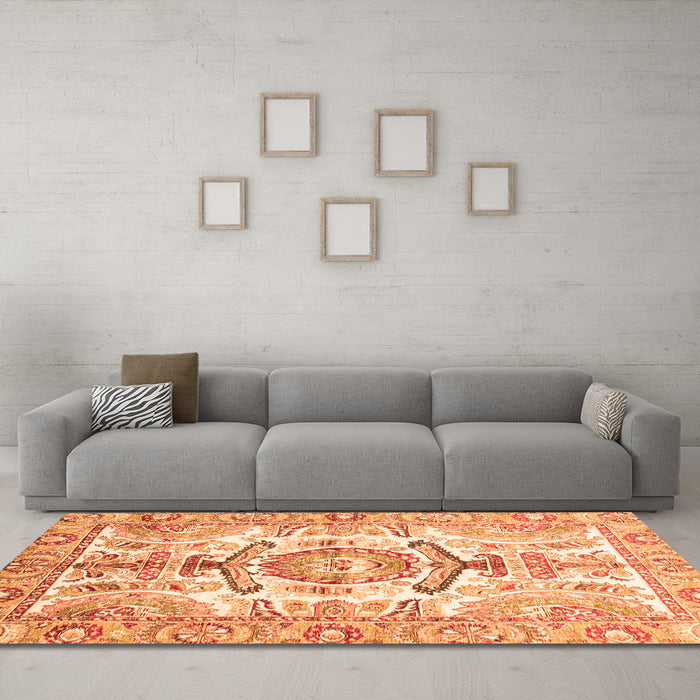 Machine Washable Abstract Orange Modern Area Rugs in a Living Room, wshabs3358org