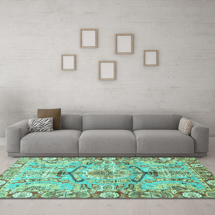 Machine Washable Abstract Turquoise Modern Area Rugs in a Living Room,, wshabs3359turq