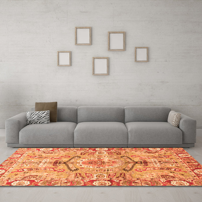 Machine Washable Abstract Orange Modern Area Rugs in a Living Room, wshabs3359org