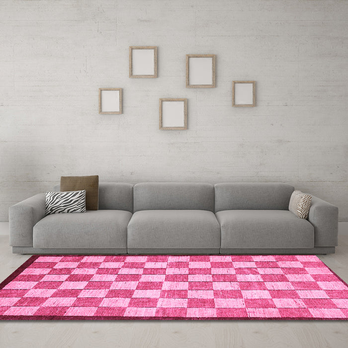 Machine Washable Checkered Pink Modern Rug in a Living Room, wshabs335pnk