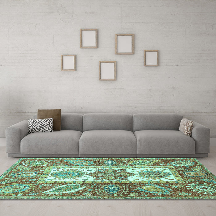 Machine Washable Abstract Turquoise Modern Area Rugs in a Living Room,, wshabs3360turq