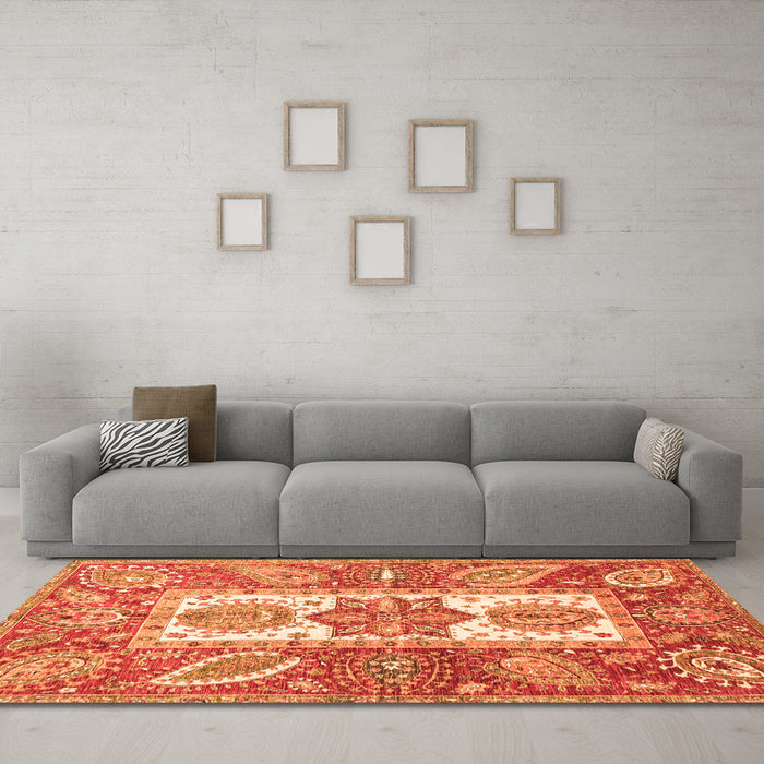 Machine Washable Abstract Orange Modern Area Rugs in a Living Room, wshabs3360org