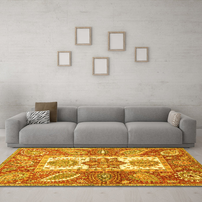 Machine Washable Abstract Yellow Modern Rug in a Living Room, wshabs3360yw