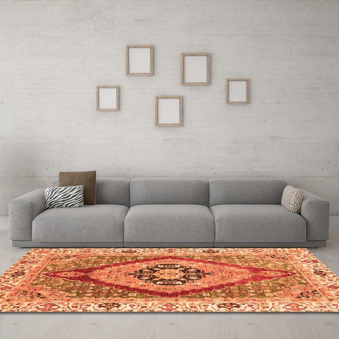 Machine Washable Abstract Orange Modern Area Rugs in a Living Room, wshabs3361org
