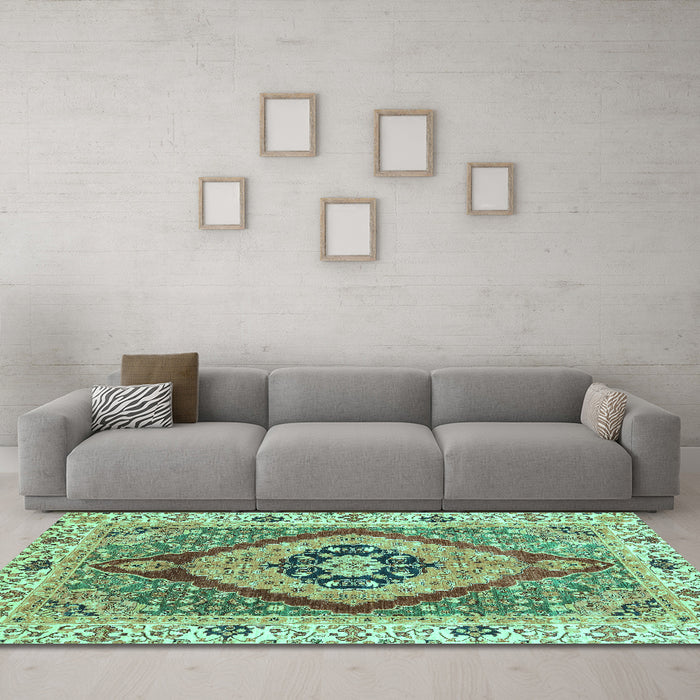 Machine Washable Abstract Turquoise Modern Area Rugs in a Living Room,, wshabs3361turq