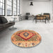 Round Machine Washable Abstract Yellow Orange Rug in a Office, wshabs3361