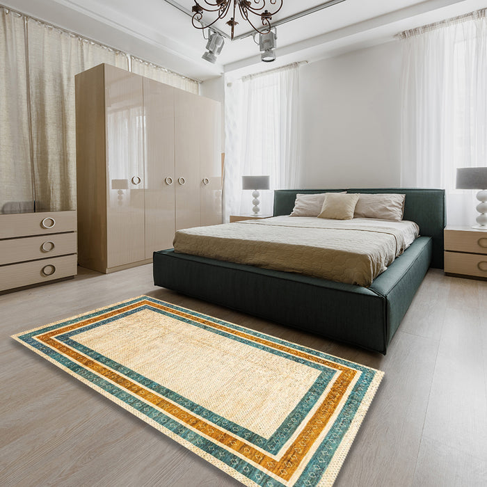 Abstract Khaki Gold Modern Rug in a Bedroom, abs3366
