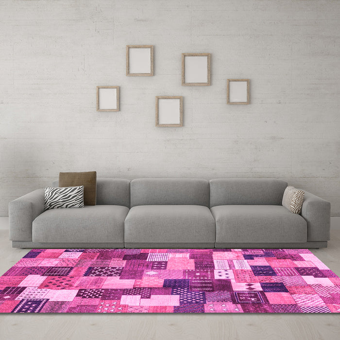 Machine Washable Checkered Pink Modern Rug in a Living Room, wshabs3367pnk