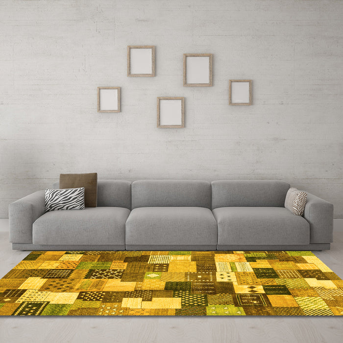 Machine Washable Checkered Yellow Modern Rug in a Living Room, wshabs3367yw