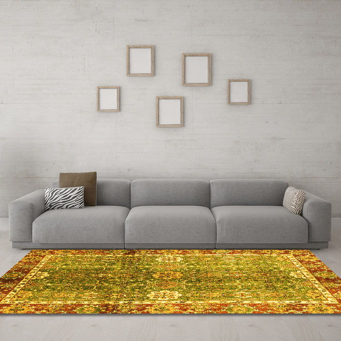 Machine Washable Oriental Yellow Traditional Rug in a Living Room, wshabs3371yw
