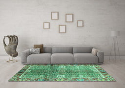 Machine Washable Oriental Turquoise Traditional Area Rugs in a Living Room,, wshabs3371turq