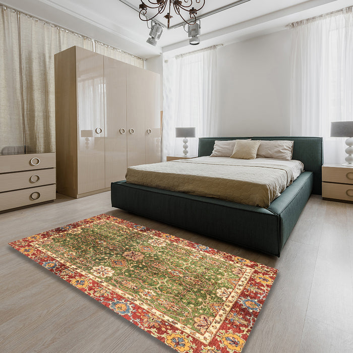 Machine Washable Abstract Metallic Gold Rug in a Bedroom, wshabs3371