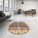 Round Abstract Yellow Modern Rug in a Office, abs3373