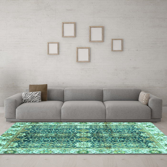 Machine Washable Abstract Turquoise Modern Area Rugs in a Living Room,, wshabs3373turq