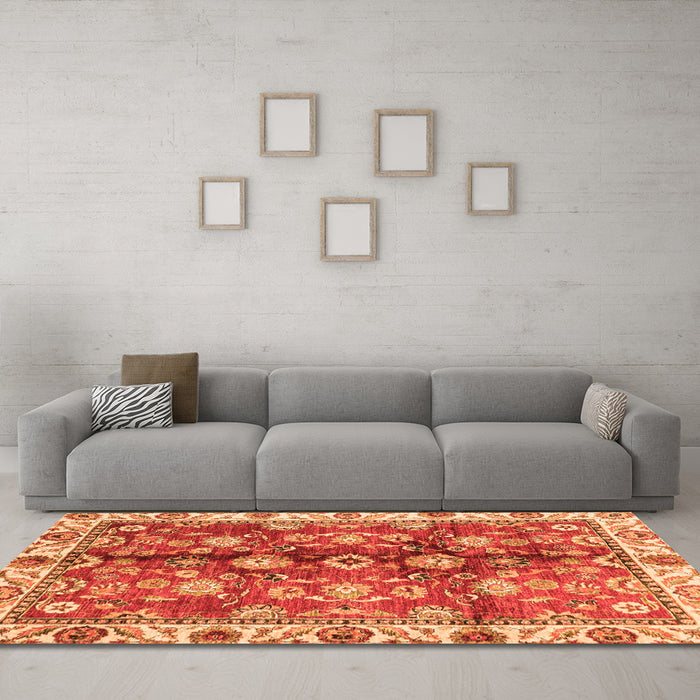 Machine Washable Abstract Orange Modern Area Rugs in a Living Room, wshabs3374org