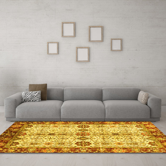Machine Washable Oriental Yellow Traditional Rug in a Living Room, wshabs3375yw