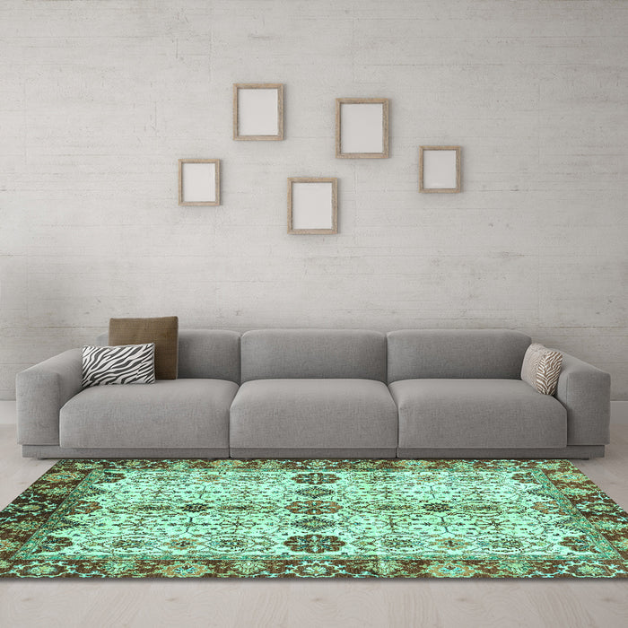 Machine Washable Oriental Turquoise Traditional Area Rugs in a Living Room,, wshabs3375turq