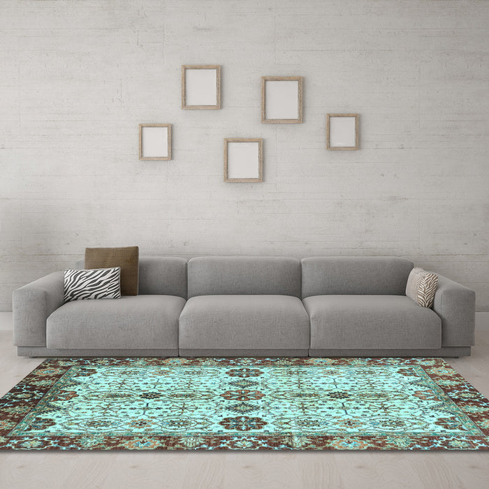 Machine Washable Oriental Light Blue Traditional Rug in a Living Room, wshabs3375lblu