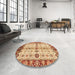 Round Abstract Yellow Oriental Rug in a Office, abs3375