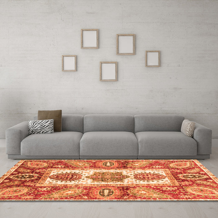 Machine Washable Abstract Orange Modern Area Rugs in a Living Room, wshabs3378org