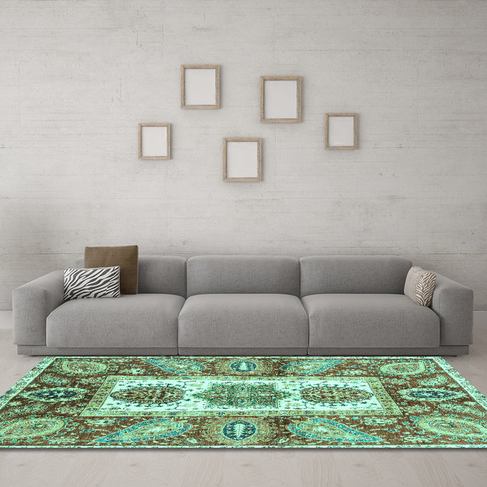 Machine Washable Abstract Turquoise Modern Area Rugs in a Living Room,, wshabs3378turq