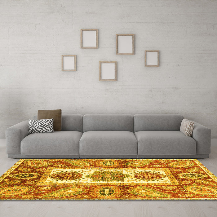 Machine Washable Abstract Yellow Modern Rug in a Living Room, wshabs3378yw