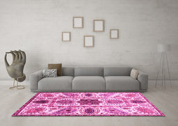 Machine Washable Oriental Pink Modern Rug in a Living Room, wshabs3379pnk