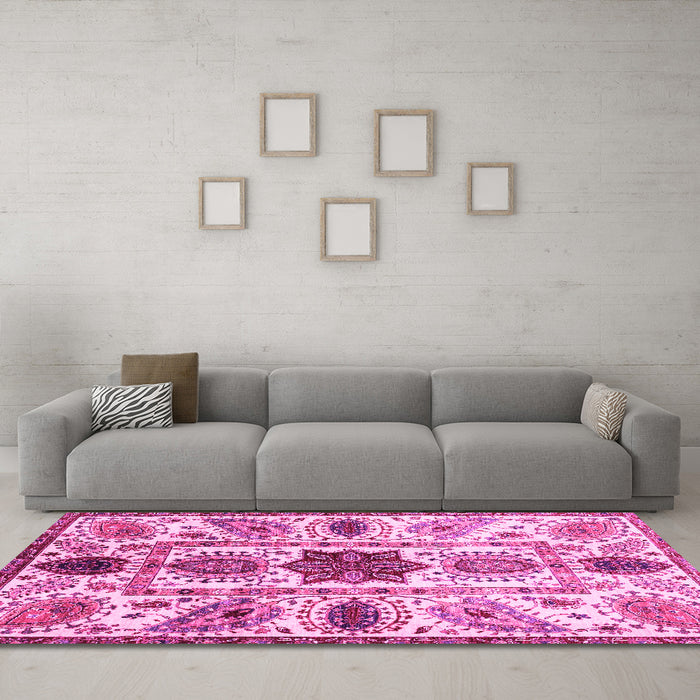 Machine Washable Oriental Pink Modern Rug in a Living Room, wshabs3379pnk