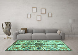 Machine Washable Oriental Turquoise Modern Area Rugs in a Living Room,, wshabs3379turq