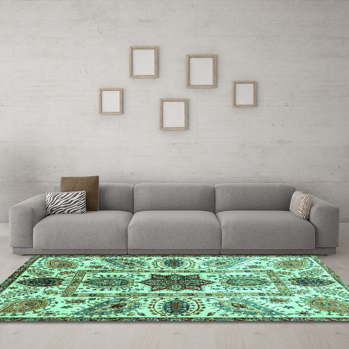 Machine Washable Oriental Turquoise Modern Area Rugs in a Living Room,, wshabs3379turq