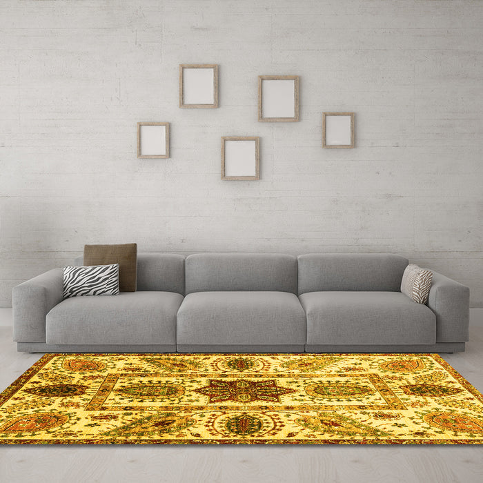 Machine Washable Oriental Yellow Modern Rug in a Living Room, wshabs3379yw