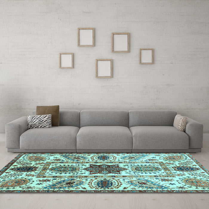 Machine Washable Oriental Light Blue Modern Rug in a Living Room, wshabs3379lblu