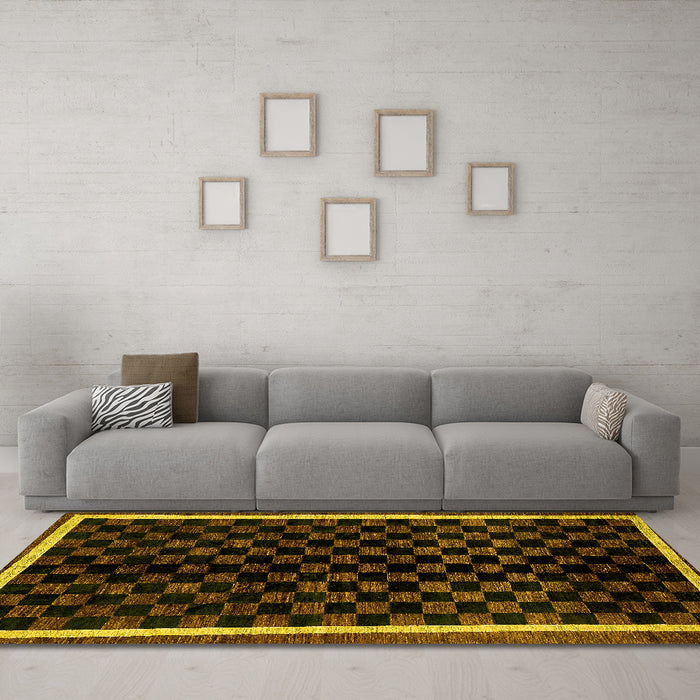Machine Washable Checkered Yellow Modern Rug in a Living Room, wshabs337yw