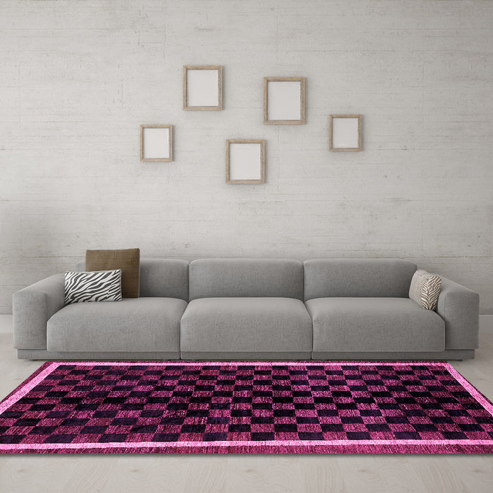 Machine Washable Checkered Pink Modern Rug in a Living Room, wshabs337pnk