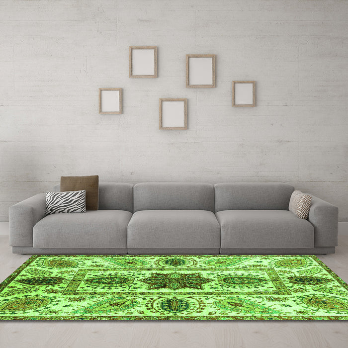 Machine Washable Oriental Green Modern Area Rugs in a Living Room,, wshabs3380grn