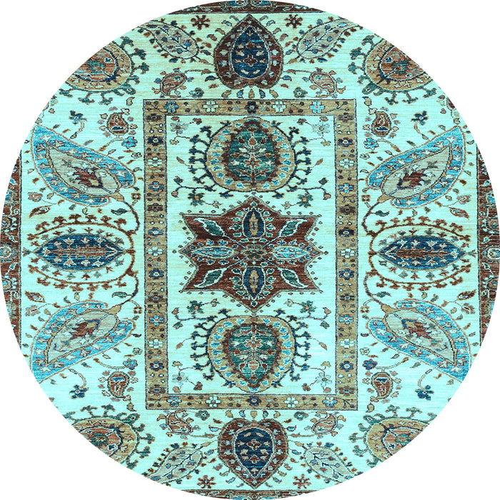Round Machine Washable Oriental Light Blue Modern Rug, wshabs3380lblu