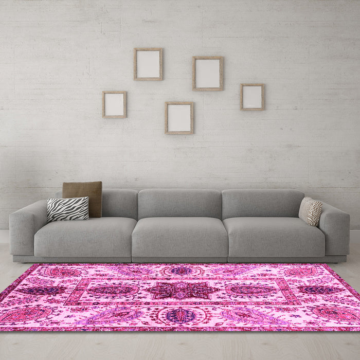 Machine Washable Oriental Pink Modern Rug in a Living Room, wshabs3380pnk