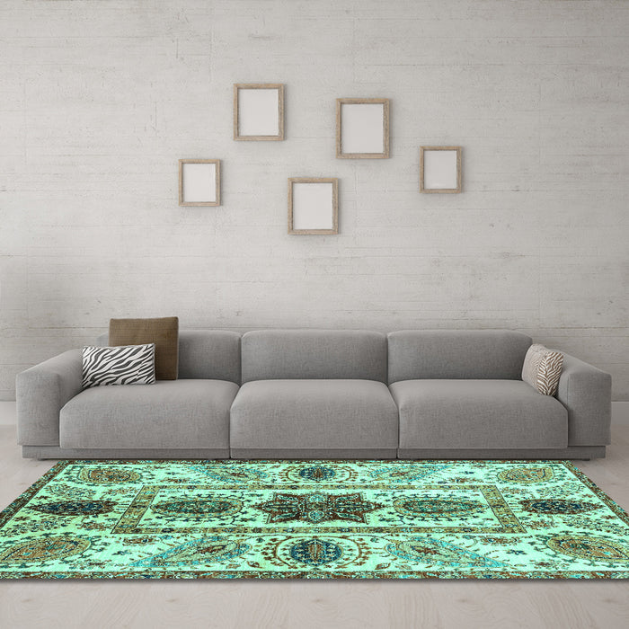 Machine Washable Oriental Turquoise Modern Area Rugs in a Living Room,, wshabs3380turq