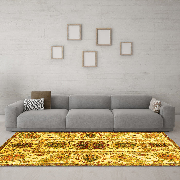 Machine Washable Oriental Yellow Modern Rug in a Living Room, wshabs3380yw