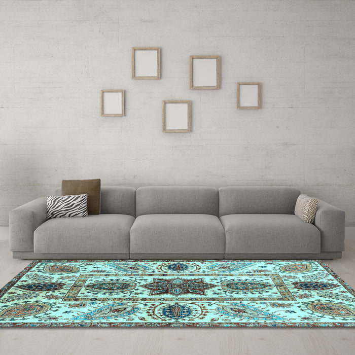 Machine Washable Oriental Light Blue Modern Rug in a Living Room, wshabs3380lblu