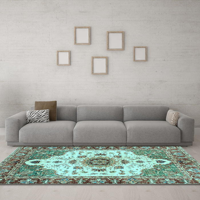 Machine Washable Oriental Light Blue Modern Rug in a Living Room, wshabs3381lblu