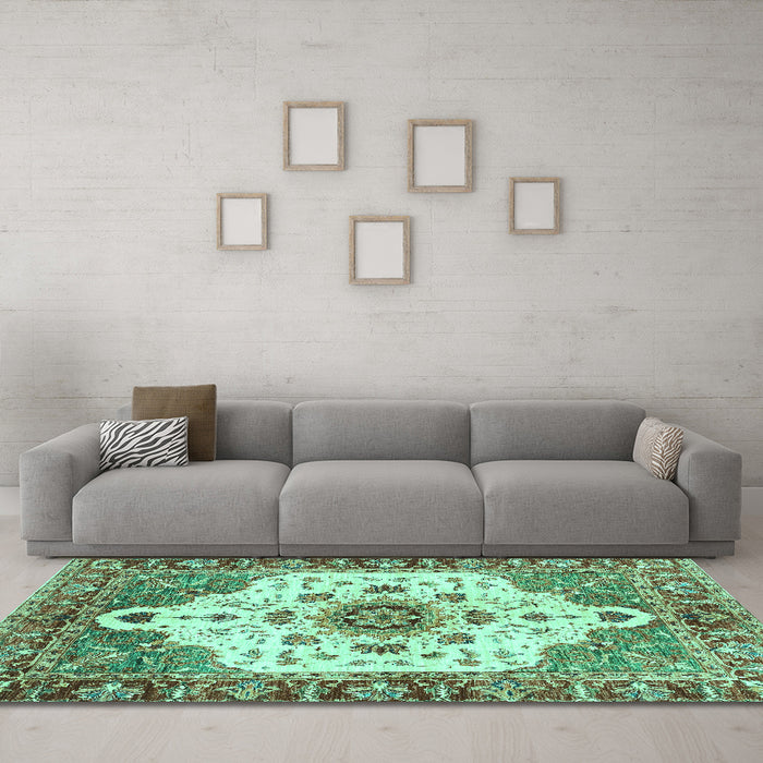 Machine Washable Oriental Turquoise Modern Area Rugs in a Living Room,, wshabs3381turq
