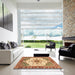 Square Abstract Yellow Orange Oriental Rug in a Living Room, abs3381