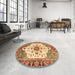 Round Abstract Yellow Orange Oriental Rug in a Office, abs3381