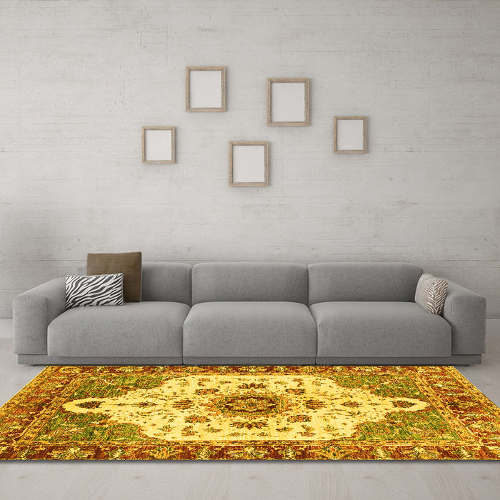 Machine Washable Oriental Yellow Modern Rug in a Living Room, wshabs3381yw