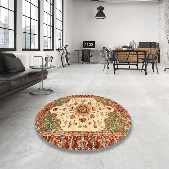 Round Machine Washable Abstract Yellow Orange Rug in a Office, wshabs3381