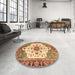 Round Machine Washable Abstract Yellow Orange Rug in a Office, wshabs3381